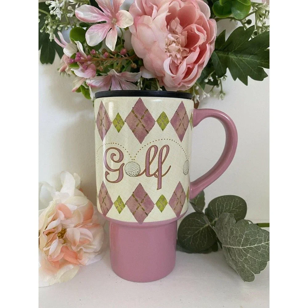 Lang Golf Travel Mug Pink‎ Argyle Ceramic Lid Golf